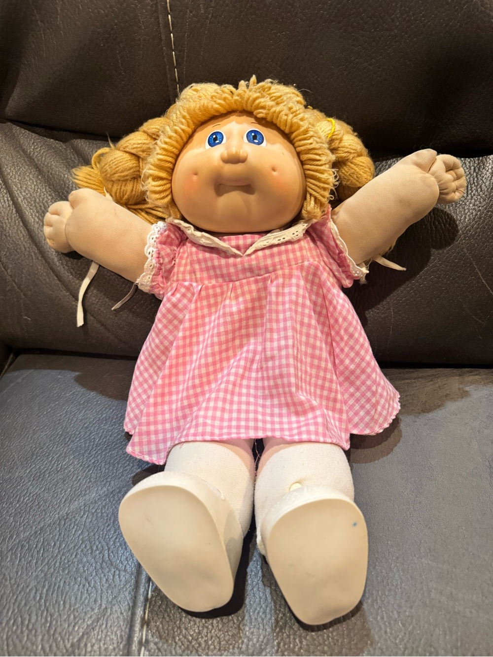 Vintage Cabbage Patch Kid Classic Pink Gingham Doll with Blonde Yarn Hair